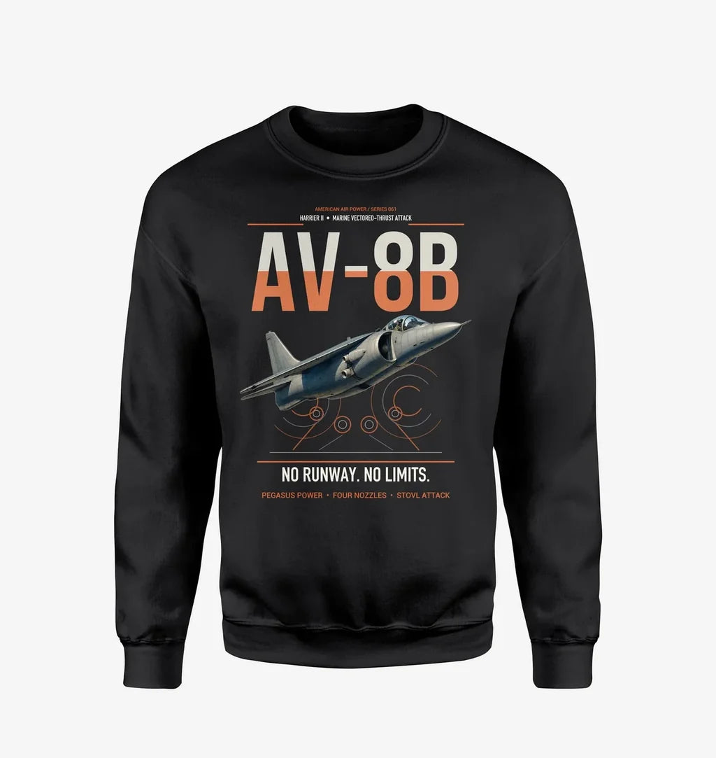 AV-8B Harrier II design on black sweatshirt