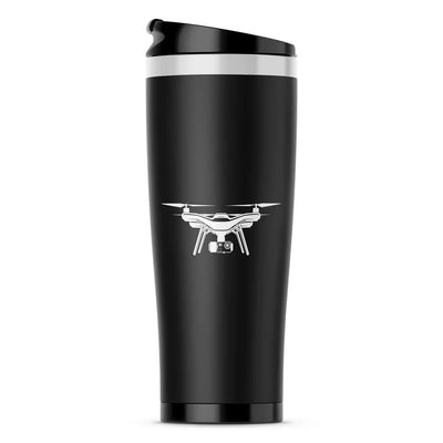 Drone Silhouette aviation design on travel mug no-holder, insulated double-wall.