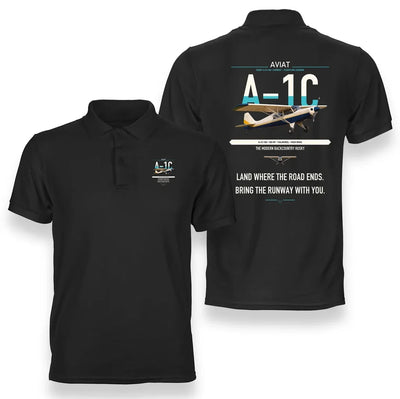 Aviat Husky A-1C-180 design on black double-side polo t-shirt, double-side print