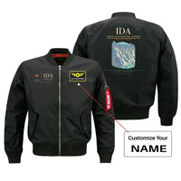 Thumbnail for Idaho Falls Regional Airport (IDA) design on black bomber jacket with custom name patch