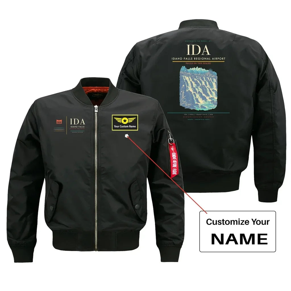 Idaho Falls Regional Airport (IDA) design on black bomber jacket with custom name patch