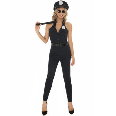Navy Blue Sleeveless Military Pilot & Aviator Jumpsuit for WOMEN (Halloween) aviation design on premium costume fabric funny.