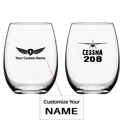Cessna 208 & Plane Water & Drink aviation design on water glass, crystal-clear premium glassware.