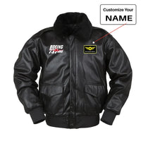 Thumbnail for Amazing 737 Max aviation design printed on genuine leather with shearling-style collar leather bomber jacket.