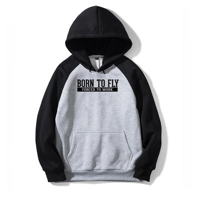 Born To Fly Forced To Work aviation design on colourful cotton blend colourful hoodie.