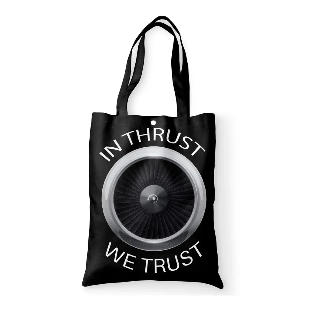 In Thrust We Trust aviation tote bag in canvas.
