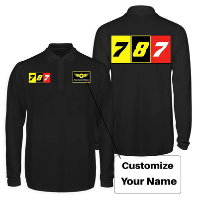 Flat Colourful 787 Long Sleeve Polo T-Shirts (Double-Side) aviation design printed on soft cotton long-sleeve double-side polo.