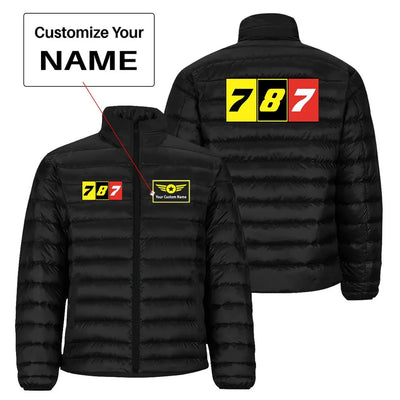 Flat Colourful 787 aviation design printed on quilted padding with insulated lining padded jacket.