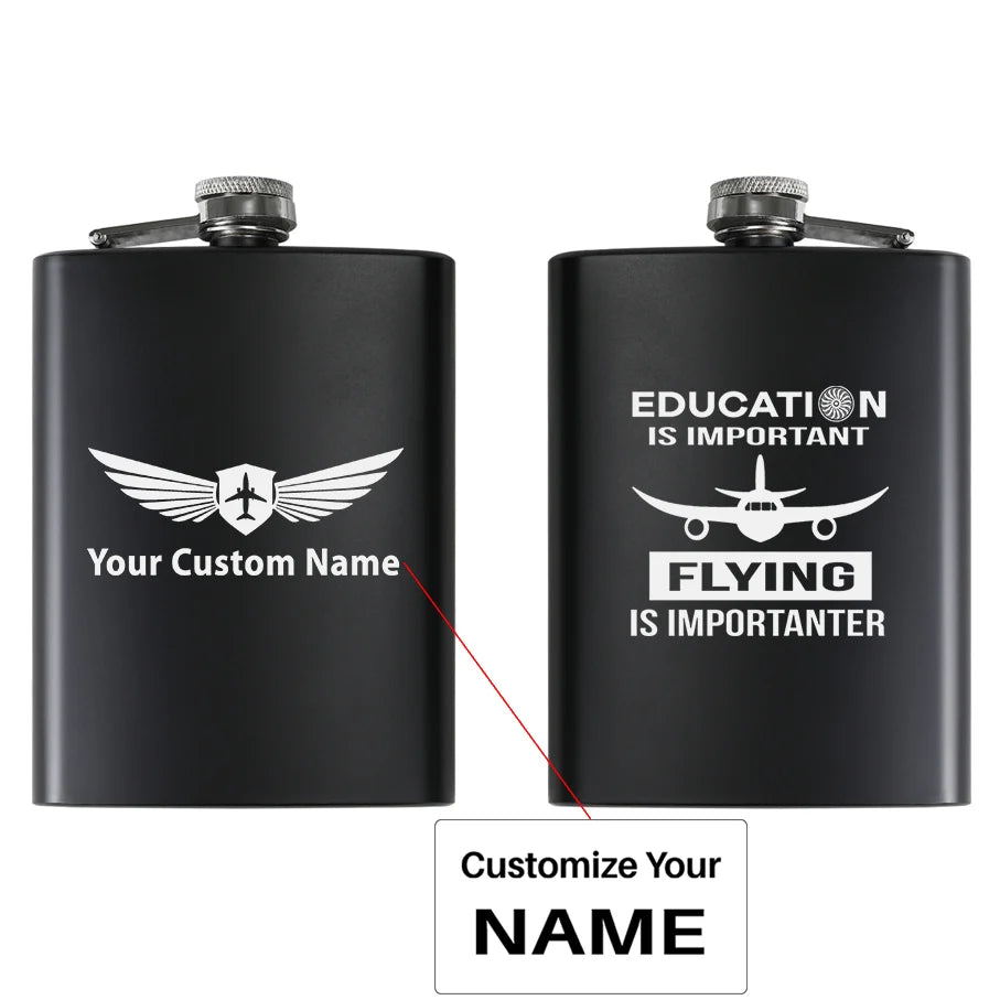Flying is Importanter aviation design on stainless hip flask, compact pocket-size flask.