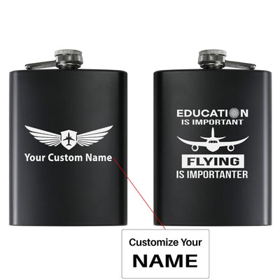 Flying is Importanter aviation design on stainless hip flask, compact pocket-size flask.