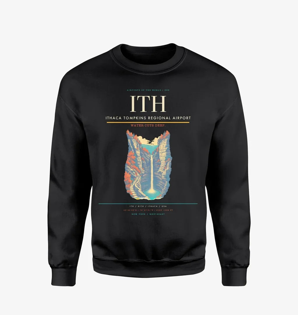 Ithaca Tompkins Regional Airport (ITH) design on black sweatshirt