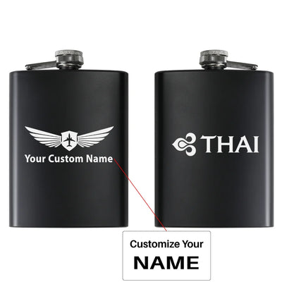 Thai Airways aviation design on stainless hip flask, compact pocket-size flask.