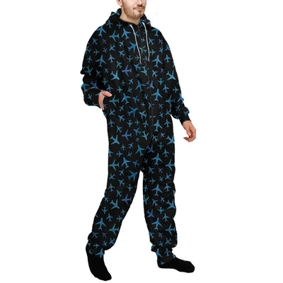 Many Airplanes Black Jumpsuit for Men & Women aviation design on soft cotton blend jumpsuit.