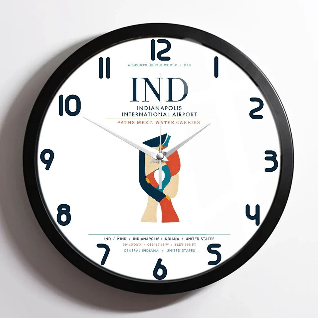 Indianapolis International Airport (IND) design on white framed wall clock