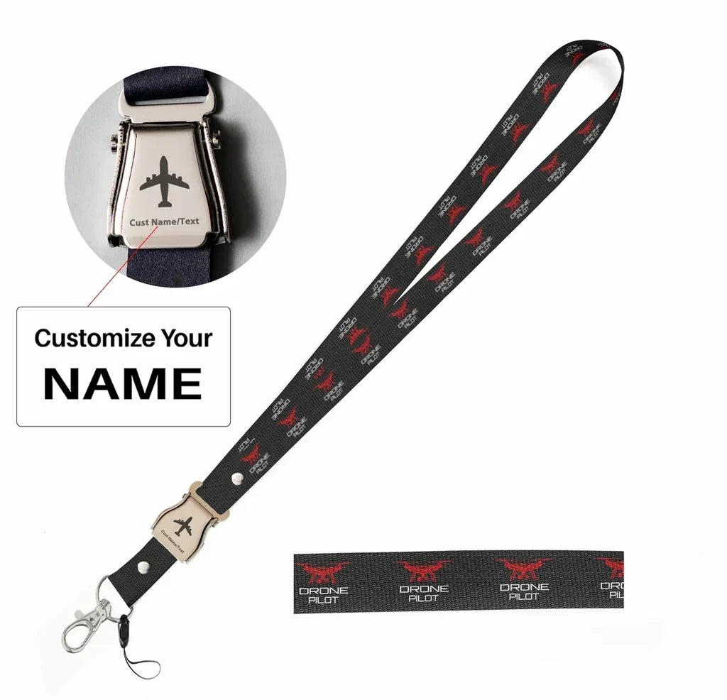 Drone Pilot seat belt lanyard - black with name