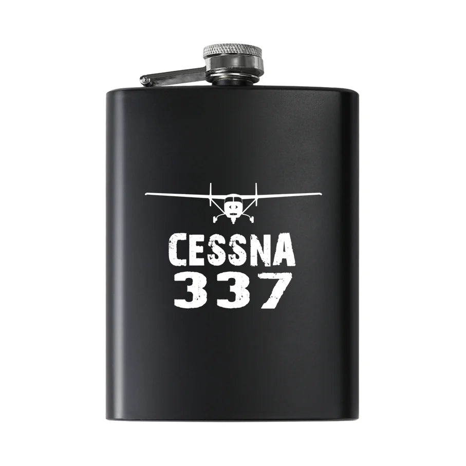 Cessna 337 & Plane aviation design on stainless hip flask, compact pocket-size flask.