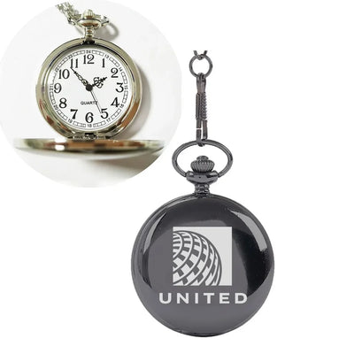 United Airlines aviation-themed pocket watch, polished brushed metal.