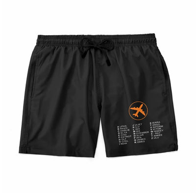 Aviation Alphabet 2 aviation design on quick-dry polyester swim trunks.