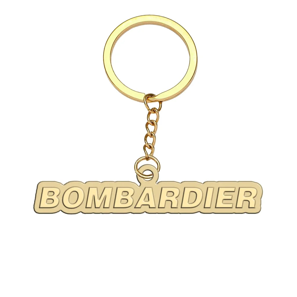 Bombardier & Text aviation hollow key chain in polished alloy.