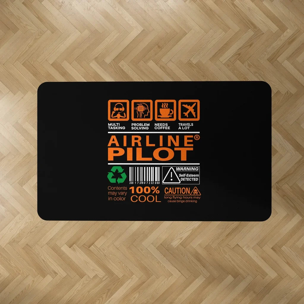 Airline Pilot Label aviation design on durable carpet pile with non-slip backing rectangle carpet floor mat.