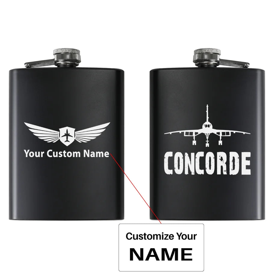 Concorde & Plane aviation design on stainless hip flask, compact pocket-size flask.