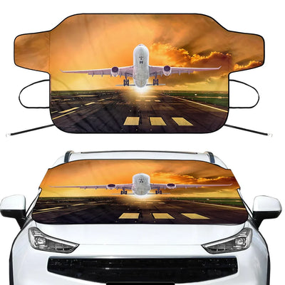 Amazing Departing Aircraft Sunset & Clouds Behind Car aviation design on car windshield cover.