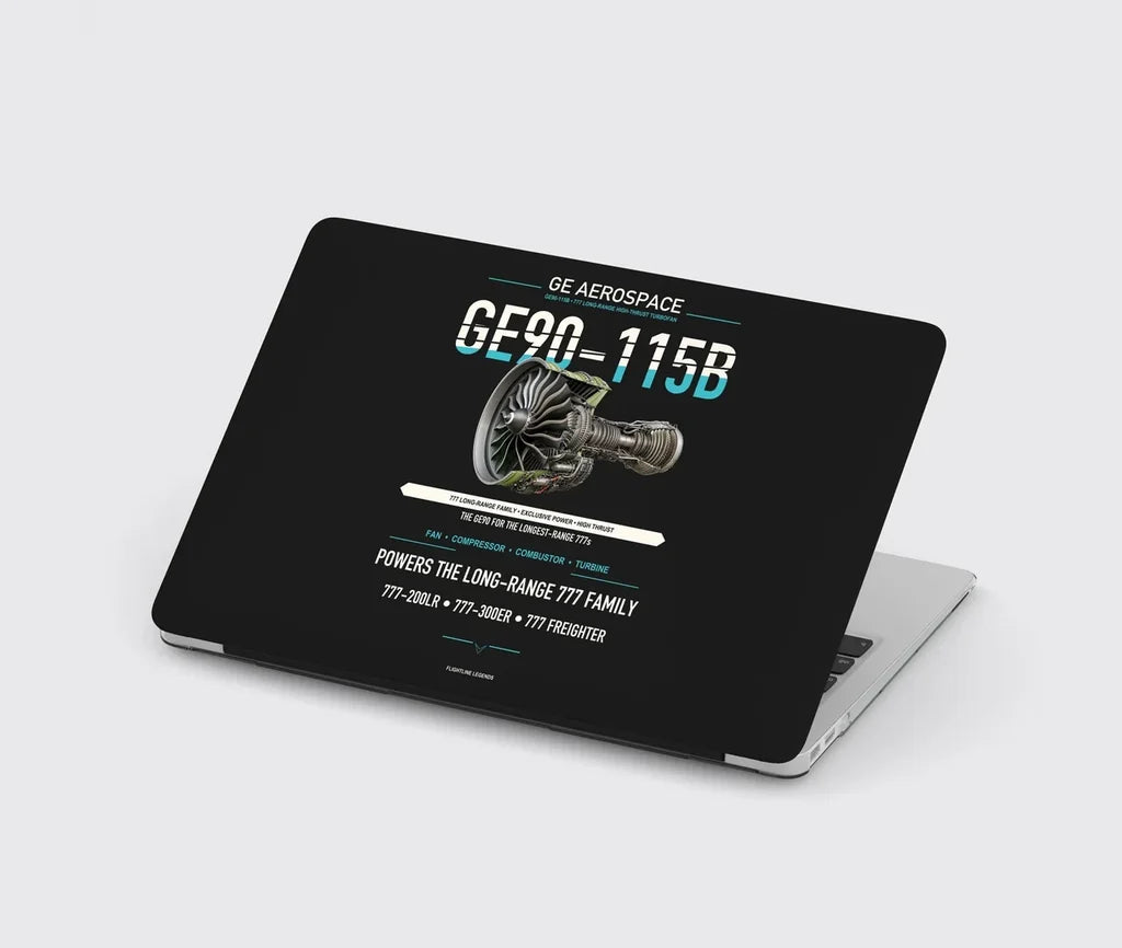 GE90-115B design on black MacBook case