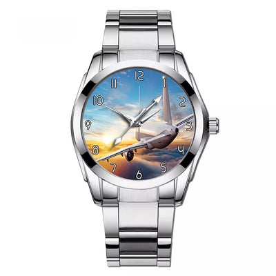 Airliner Jet Cruising over Clouds aviation watch with stainless steel band, stainless steel body with engraved detail.