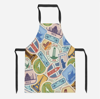 Travel aviation design on durable cotton blend kitchen apron.