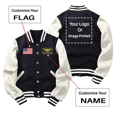 Custom Flag & Name & LOGO Baseball Style aviation design printed on two-tone shell with ribbed cuffs baseball jacket.