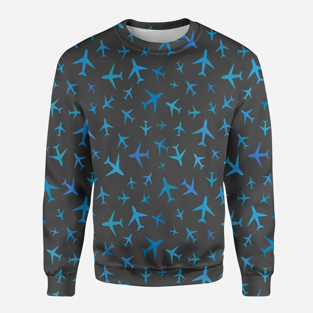 Many Airplanes Gray aviation design printed on soft cotton blend 3D sweatshirt.