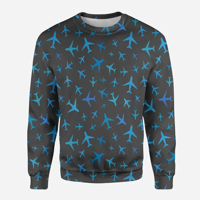 Many Airplanes Gray aviation design printed on soft cotton blend 3D sweatshirt.