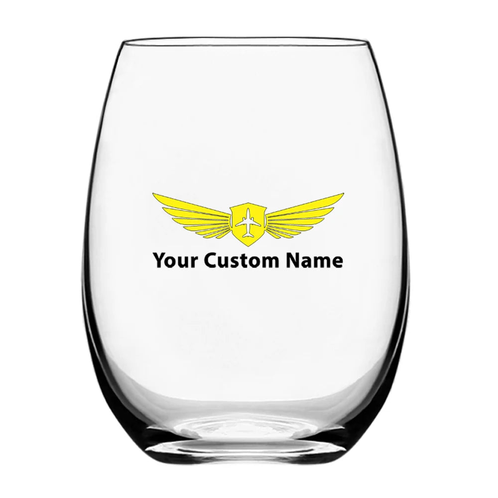 Custom Name "Badge 2" Water & Drink aviation design on water glass, crystal-clear premium glassware.
