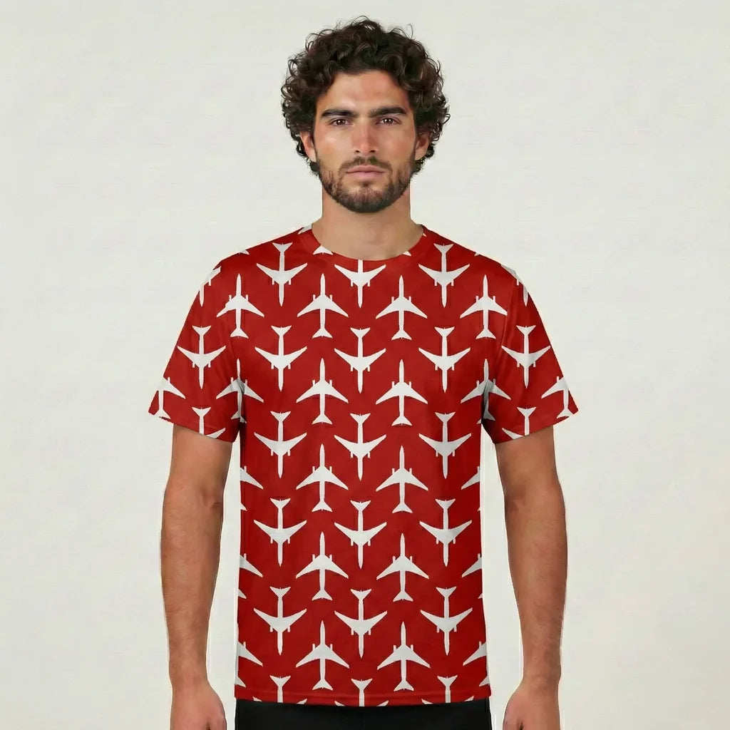 Perfectly Sized Seamless Airplanes Red aviation design printed on soft cotton 3D-print T-shirt.