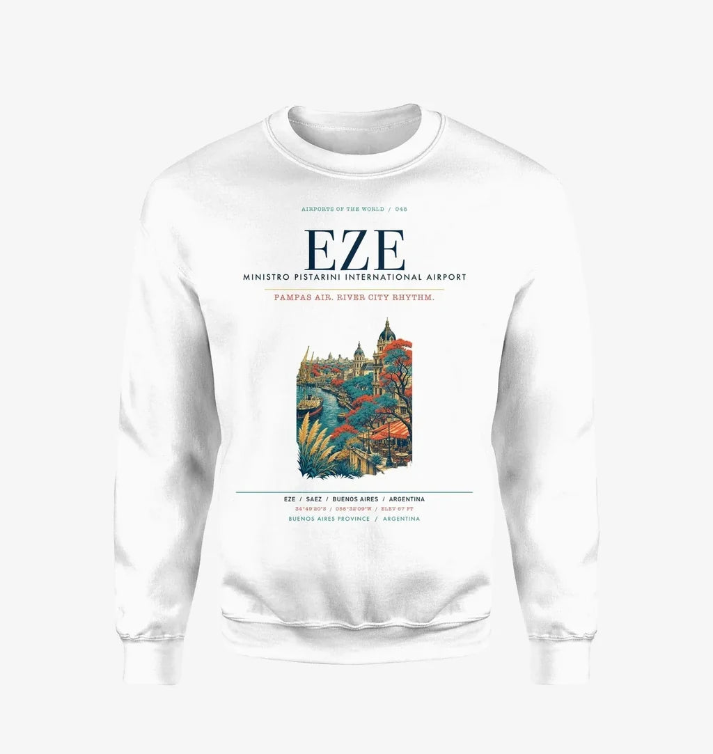 Buenos Aires Ministro Pistarini International Airport (EZE) design on white sweatshirt