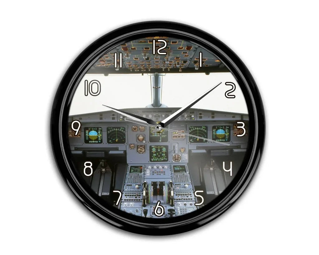 Airbus A320 Cockpit (Wide) aviation themed wall clock, premium wood and metal.