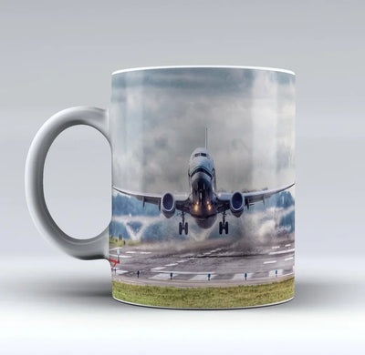 Departing Boeing 737 aviation design on ceramic mug, premium ceramic with glazed finish.