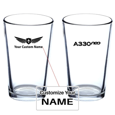 A330neo & Text Beer & aviation design on beer water glass, versatile drinkware.