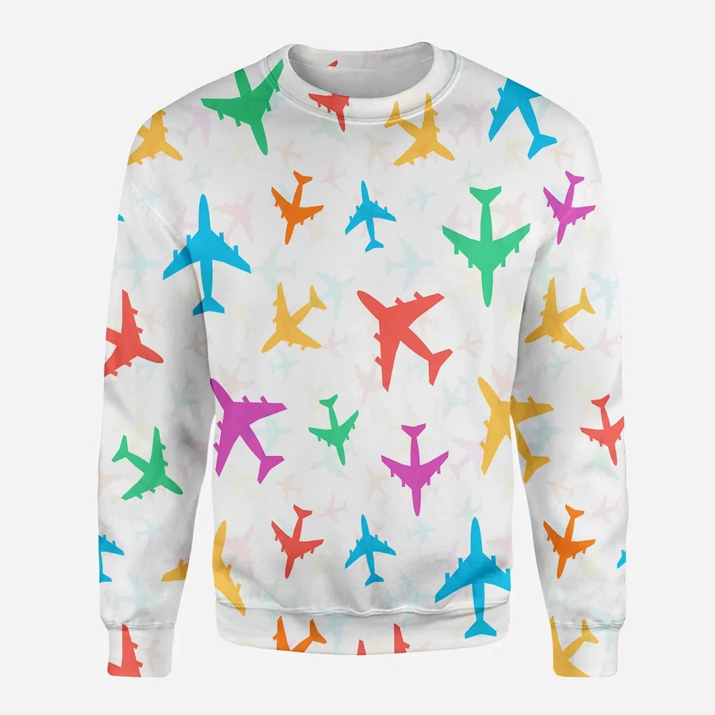 Cheerful Seamless Airplanes aviation design printed on soft cotton blend 3D sweatshirt.