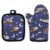 Thumbnail for Spaceship & Stars Kitchen Glove & Holder aviation design on durable fabric with insulated lining kitchen glove holder.