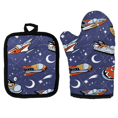 Spaceship & Stars Kitchen Glove & Holder aviation design on durable fabric with insulated lining kitchen glove holder.