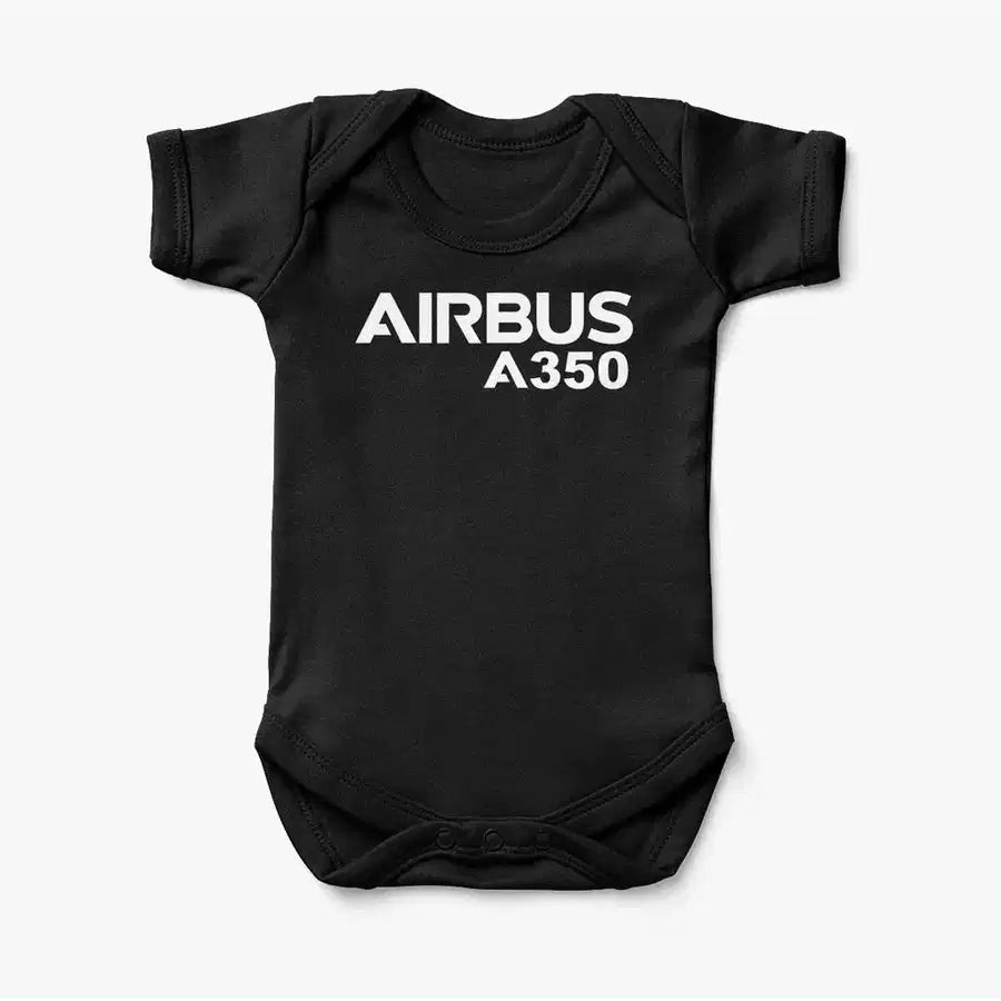 Airbus A350 & Text aviation print on kids gentle cotton bodysuit.