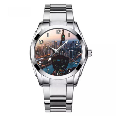 Amazing City View from Helicopter Cockpit aviation-themed watch with stainless steel band, polished stainless steel.