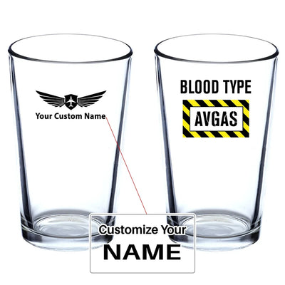 Blood Type AVGAS Beer & aviation design on beer water glass, versatile drinkware.