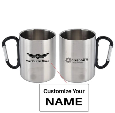 Vistara Airlines aviation design on outdoor mug, durable insulated construction.