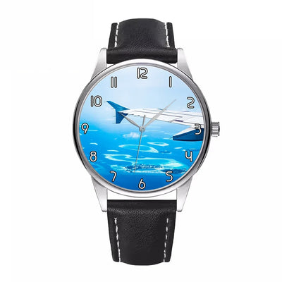Outstanding View Through Airplane Wing aviation-themed watch with leather strap, polished leather strap.