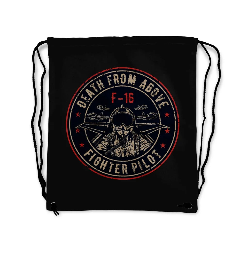 Fighter Jet 16 - Death From Above aviation design drawstring bag, lightweight polyester construction.