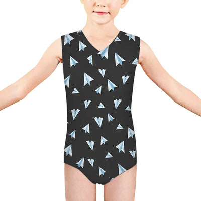 Paper Airplanes (Gray) aviation print on kids quick-dry fabric swimsuit.