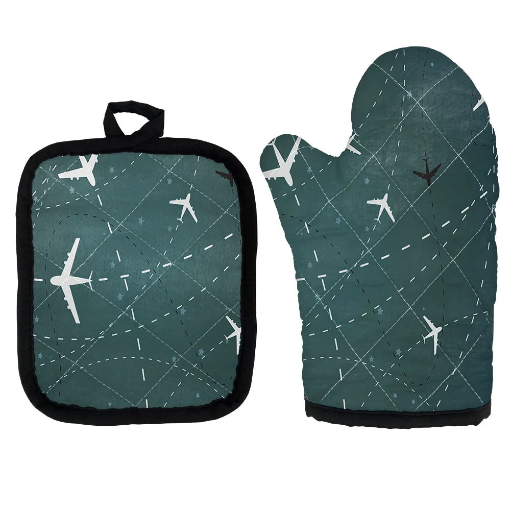 Travelling with Aircraft (Green) Kitchen Glove & Holder aviation design on durable fabric with insulated lining kitchen glove.