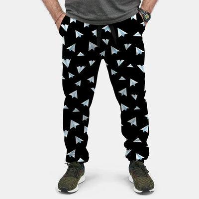 Paper Airplanes (Black) aviation design on soft cotton blend 3D-printed sweatpants.